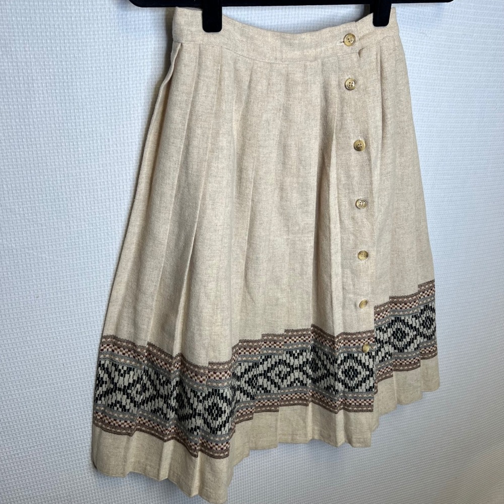 Vintage Oatmeal Beige Pleated Skirt Wool Button Front Geometric‎ Border Size 0